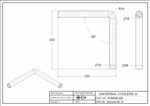 90° Bend 16 mm ID, 200 mm legs (SH90DE-063) - Image 2