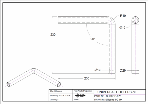 90° Bend 19 mm ID, 200 mm legs (SH90DE-075) - Image 2