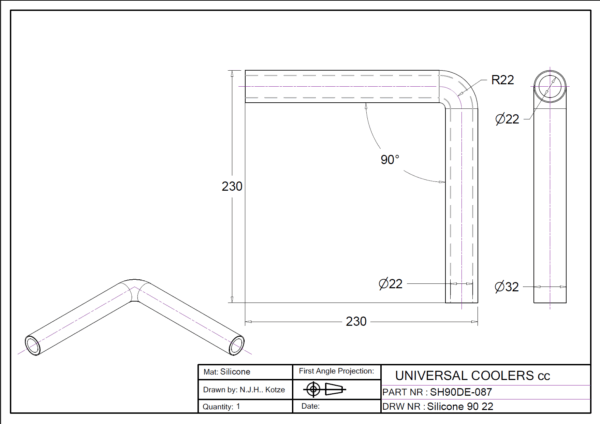 90° Bend 22 mm ID, 200 mm legs (SH90DE-087) - Image 2