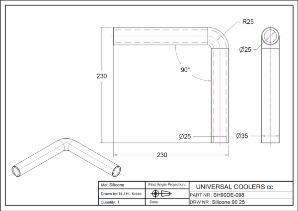90° Bend 25 mm ID, 200 mm legs (SH90DE-098) - Image 2