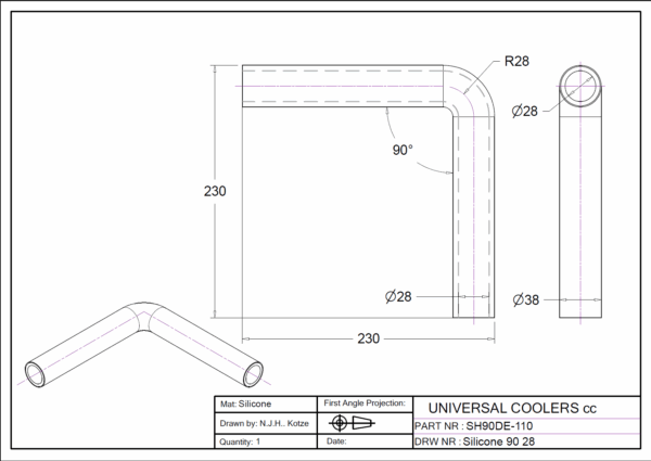 90° Bend 28 mm ID, 200 mm legs (SH90DE-110) - Image 2