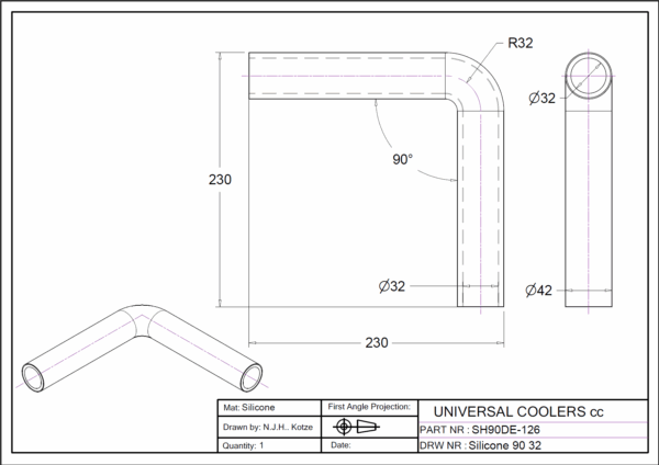 90° Bend 32 mm ID, 200 mm legs (SH90DE-126) - Image 2