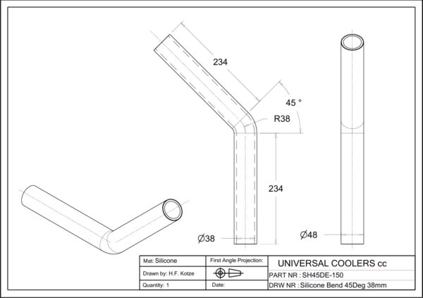 45° Bend 38 mm ID, 200 mm legs (SH45DE-150) - Image 2