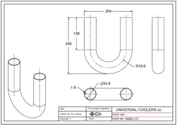 Mandrel U-Bend Aluminium 180º 51x1.8 mm 140 mm Leg AMU-51X1.8